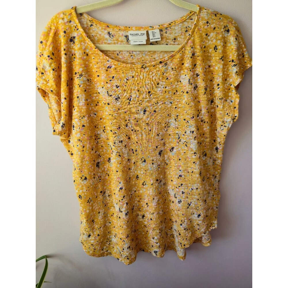Rachel Zoe 100% Linen Yellow Floral Print Short Sleeve Top - Size Large
